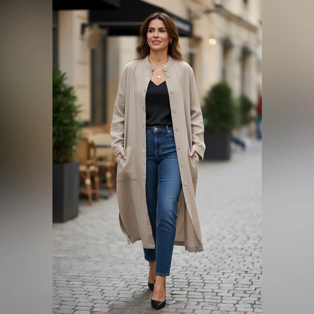 NWOT - Tahari Tan Linen Button Down Midi Dress/Duster - Picture 2 of 10